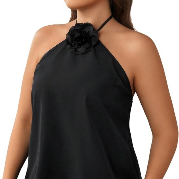 Beaudrm Tops - 🖤 Black Floral Halter Top with Rosette Detail - Size 0XL 🌸